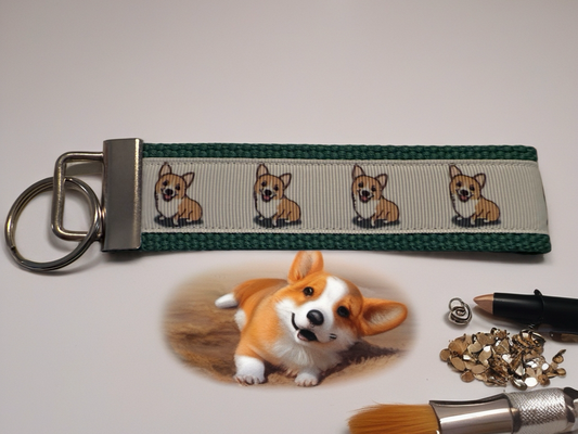 Corgi Keychain Wristlet – Green Dog Lover Gift, Cute Handmade Accessory