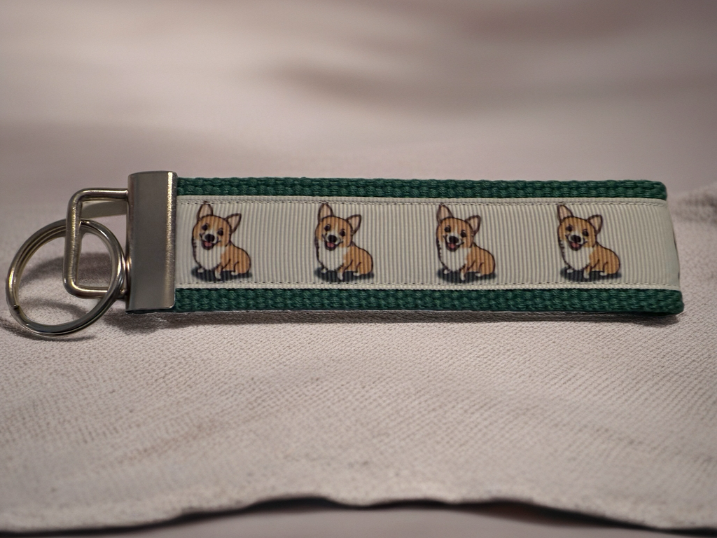 Corgi Keychain Wristlet – Green Dog Lover Gift, Cute Handmade Accessory