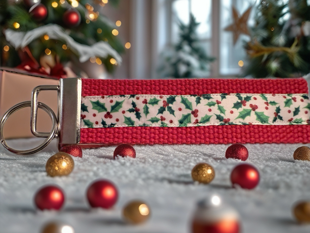 Christmas Keychain Wristlet – Red Holly Berry Holiday Key Fob