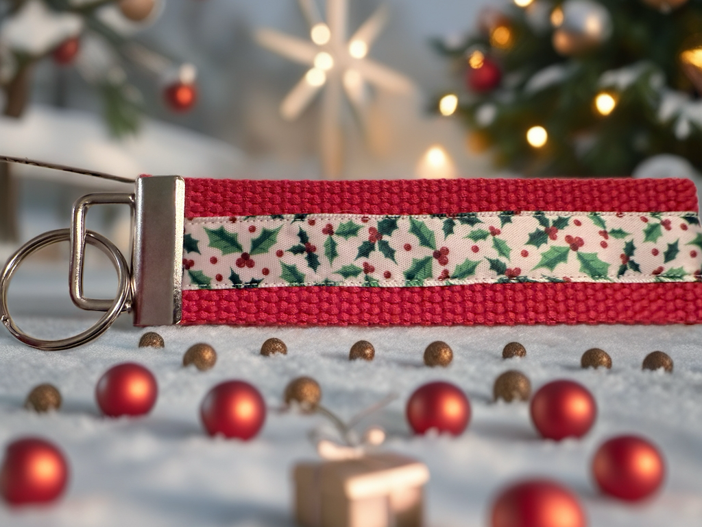 Christmas Keychain Wristlet – Red Holly Berry Holiday Key Fob