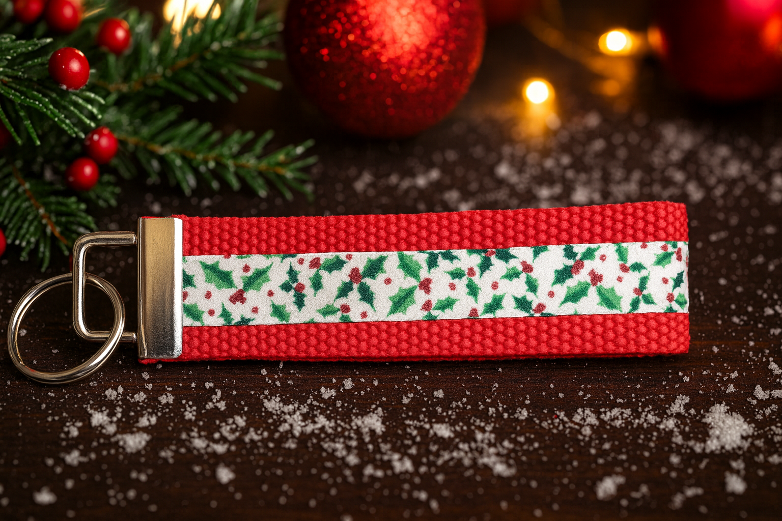 Christmas Keychain Wristlet – Red Holly Berry Holiday Key Fob