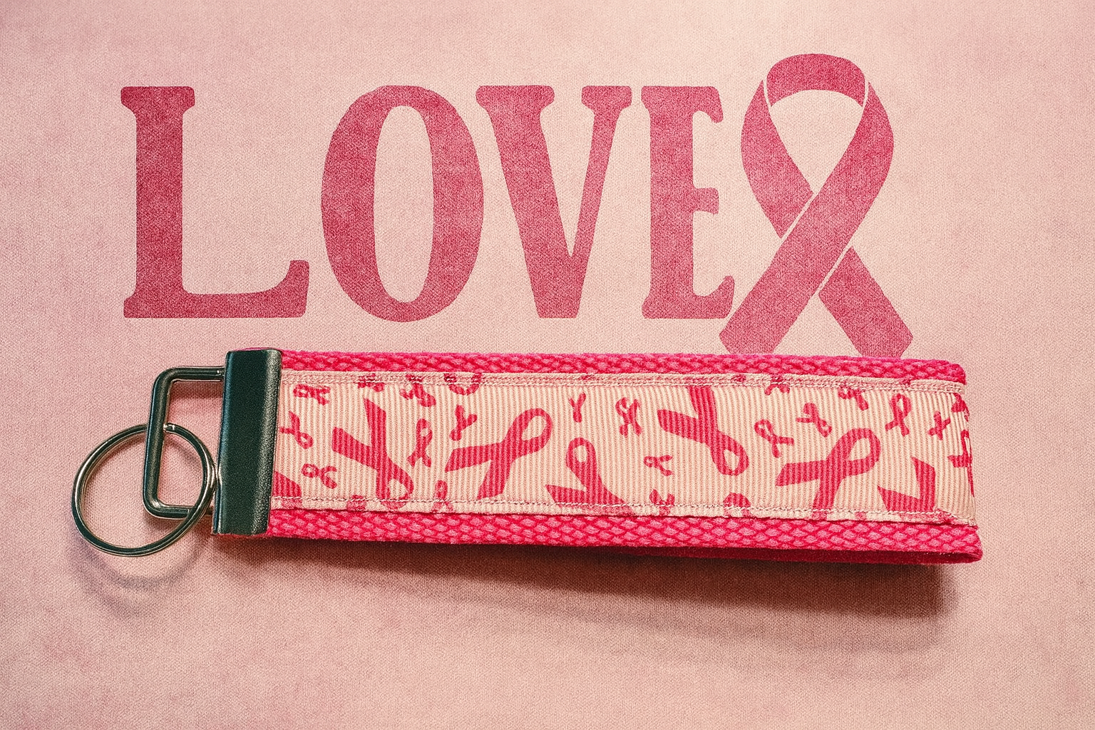 Breast Cancer Awareness Pink Ribbon Webbing Keychain/ Key Fob