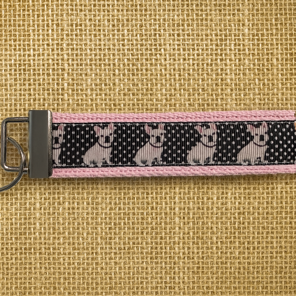 French Bulldog Keychain Wristlet – Cute Dog Lover Gift, Polka Dot Fabric Key Fob