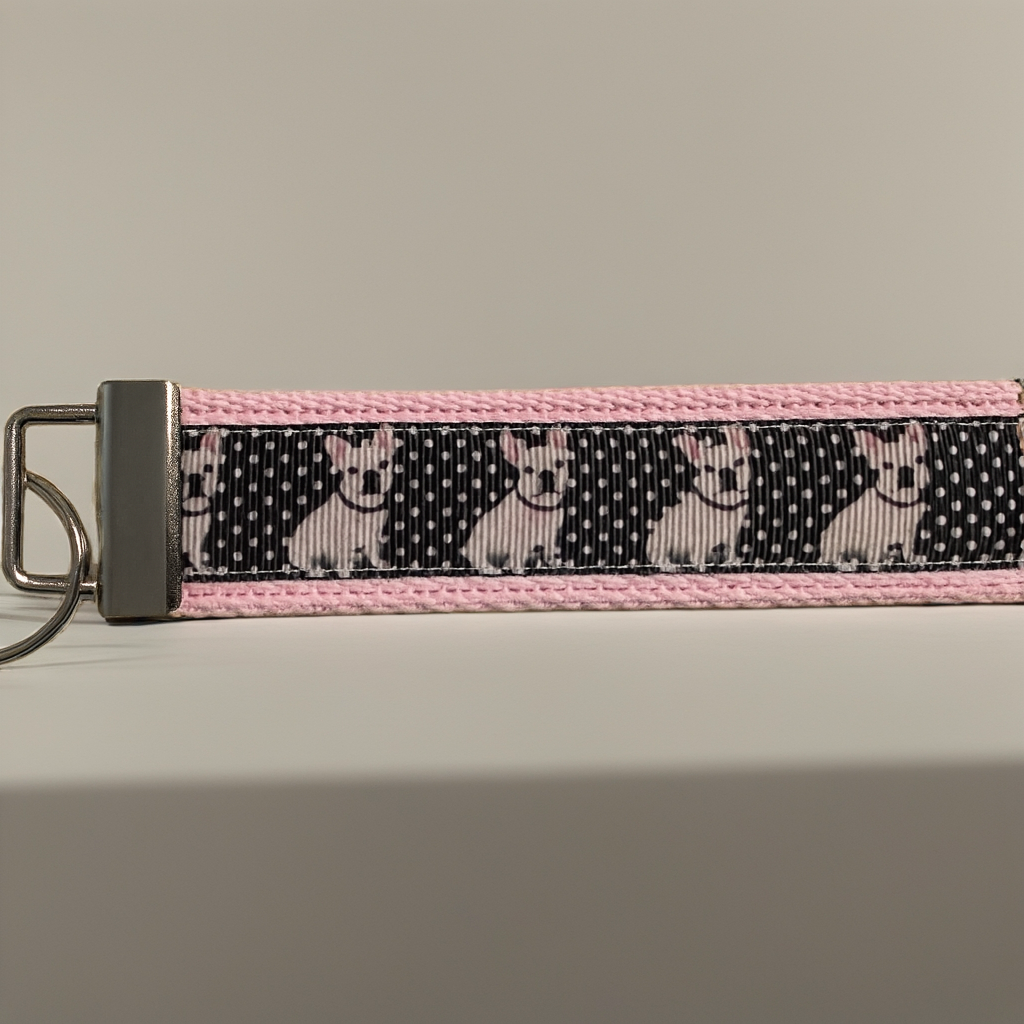 French Bulldog Keychain Wristlet – Cute Dog Lover Gift, Polka Dot Fabric Key Fob