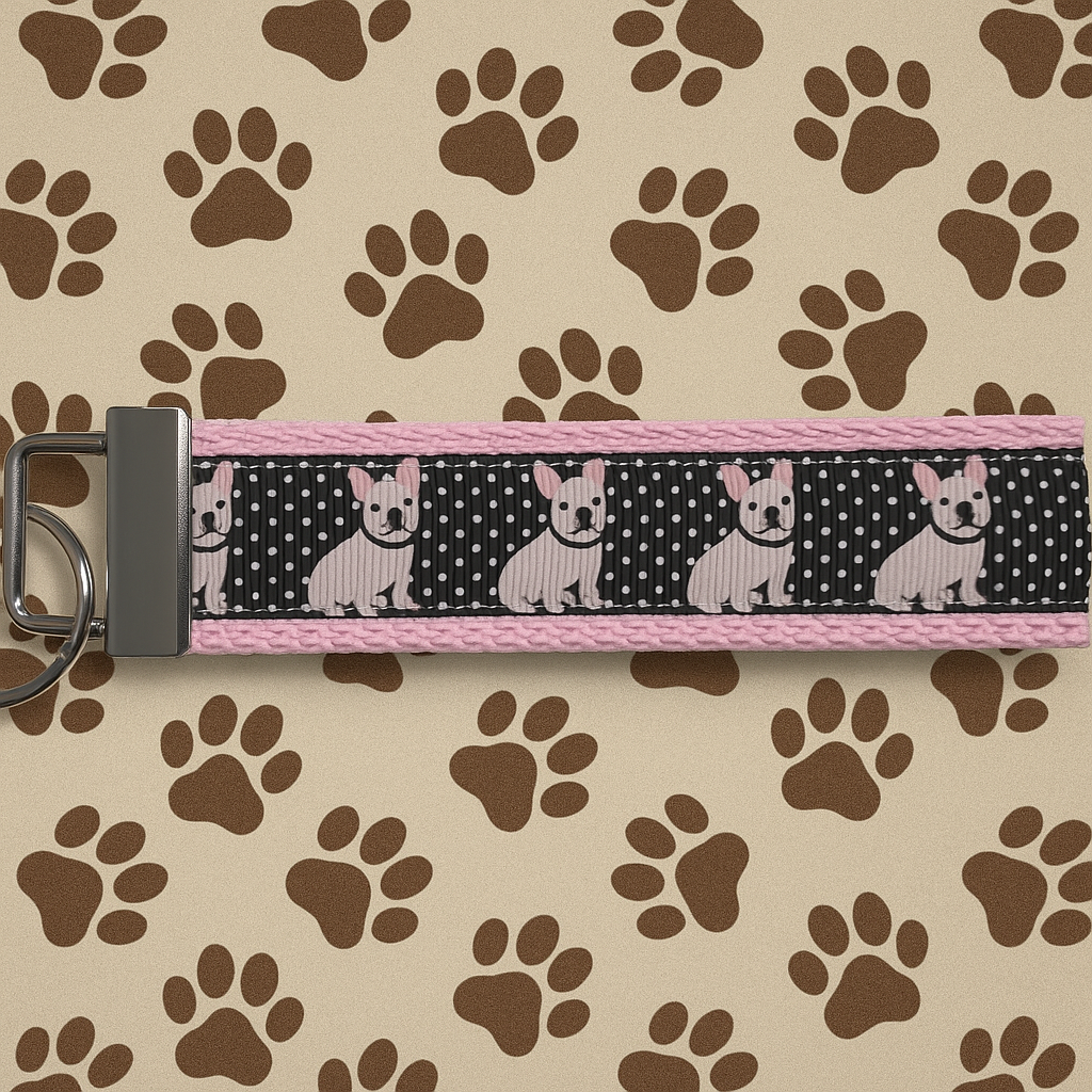 French Bulldog Keychain Wristlet – Cute Dog Lover Gift, Polka Dot Fabric Key Fob