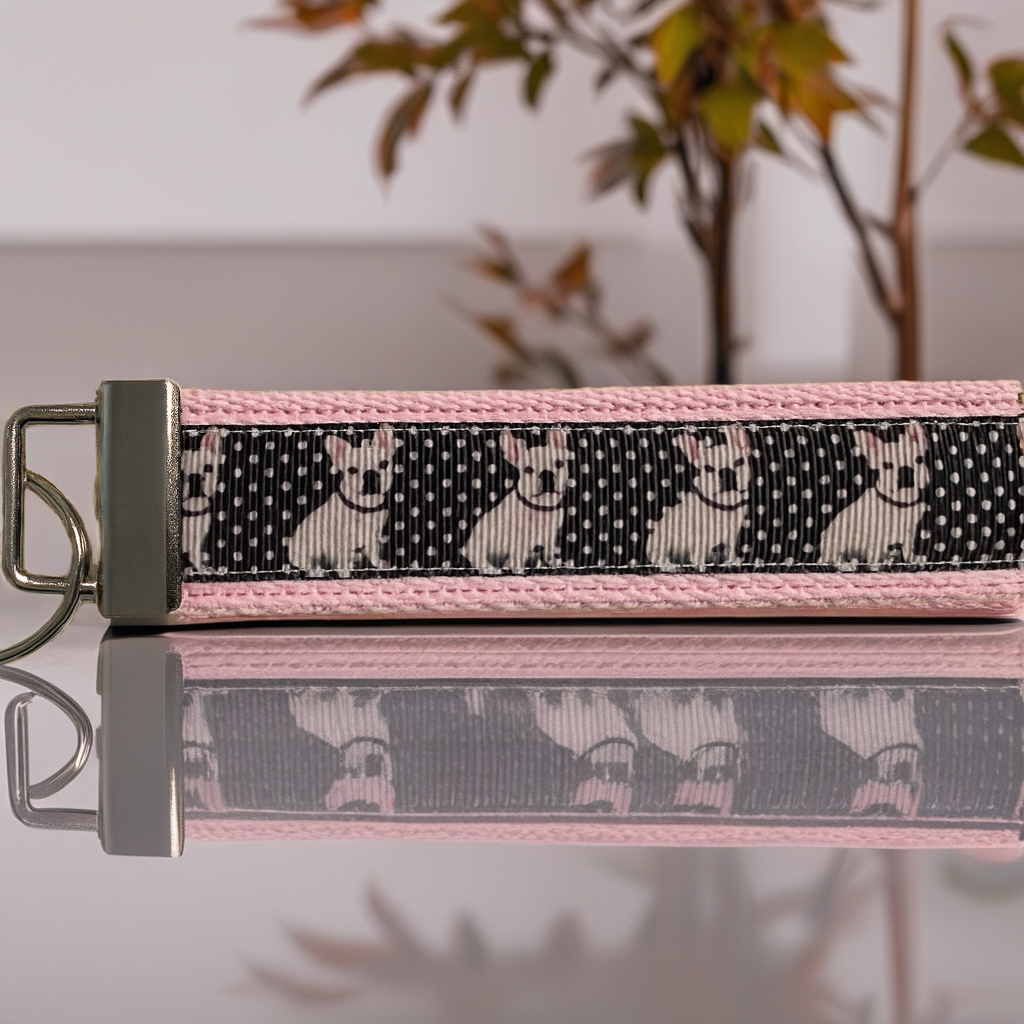 French Bulldog Keychain Wristlet – Cute Dog Lover Gift, Polka Dot Fabric Key Fob