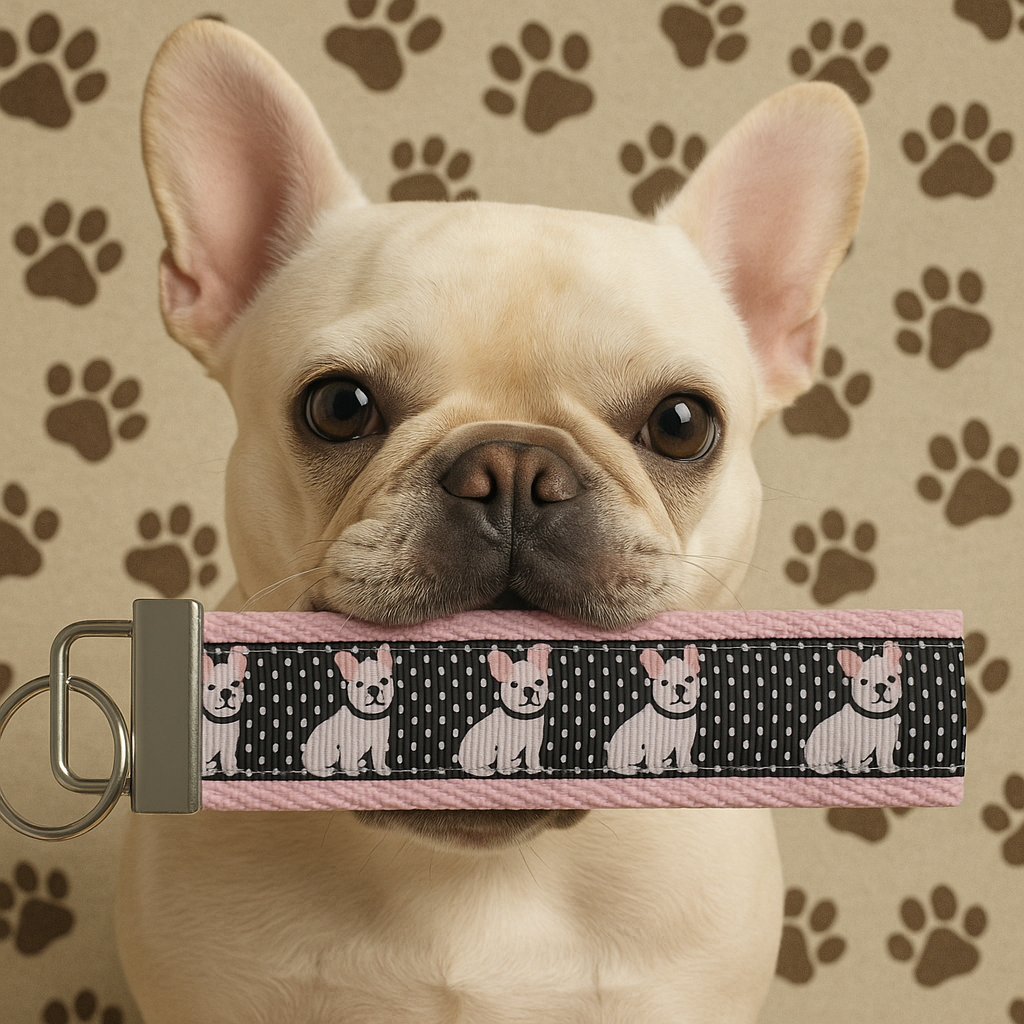 French Bulldog Keychain Wristlet – Cute Dog Lover Gift, Polka Dot Fabric Key Fob