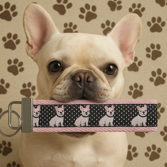 French Bulldog Keychain Wristlet – Cute Dog Lover Gift, Polka Dot Fabric Key Fob
