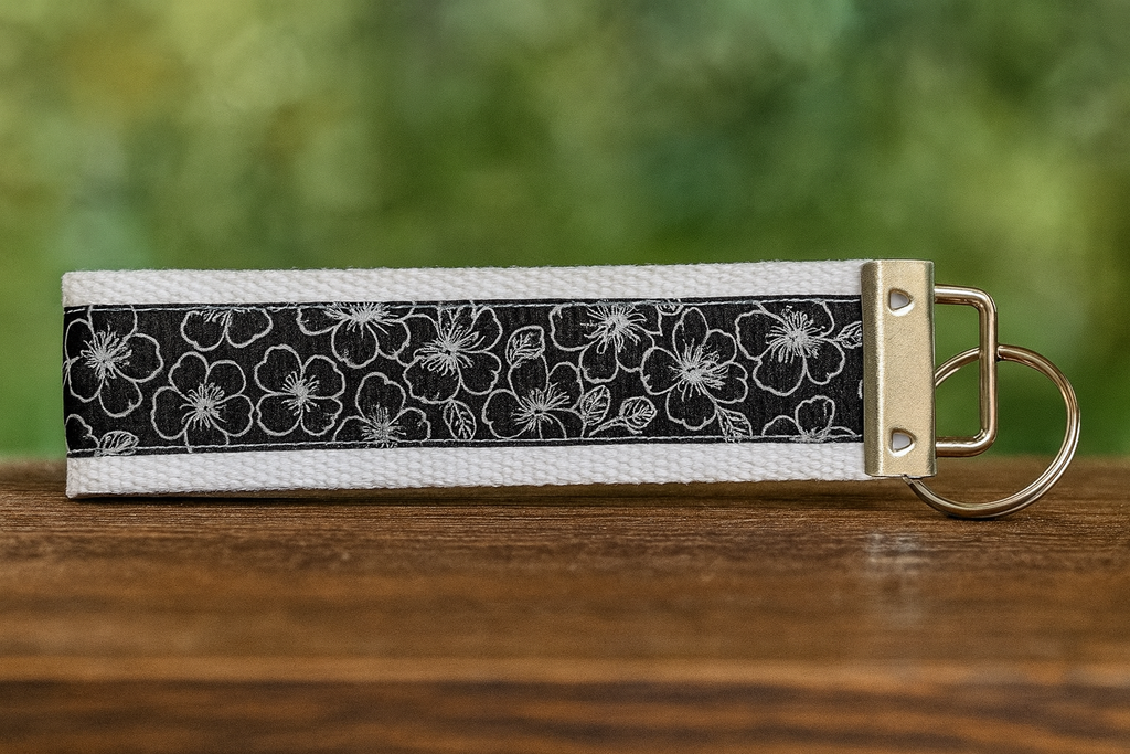 Hibiscus Flower Keychain Wristlet – Black and White Floral Fabric Key Holder