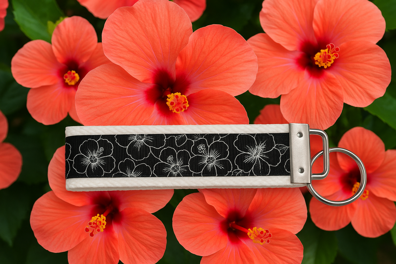 Hibiscus Flower Keychain Wristlet – Black and White Floral Fabric Key Holder