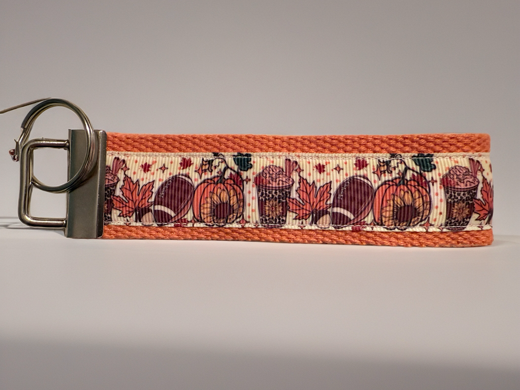 Fall Keychain Wristlet – Pumpkins, Football & Coffee Autumn Key Fob