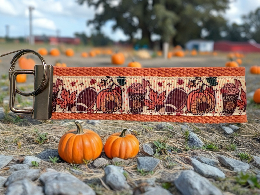 Fall Keychain Wristlet – Pumpkins, Football & Coffee Autumn Key Fob
