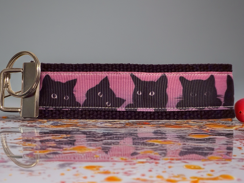 Black Cat Silhouette Keychain Wristlet – Pink Ribbon Cat Lover Gift