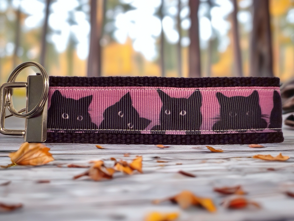 Black Cat Silhouette Keychain Wristlet – Pink Ribbon Cat Lover Gift