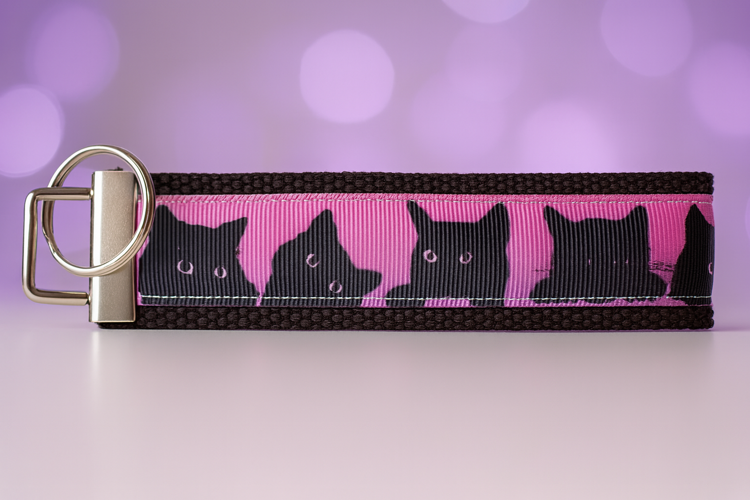 Black Cat Silhouette Keychain Wristlet – Pink Ribbon Cat Lover Gift