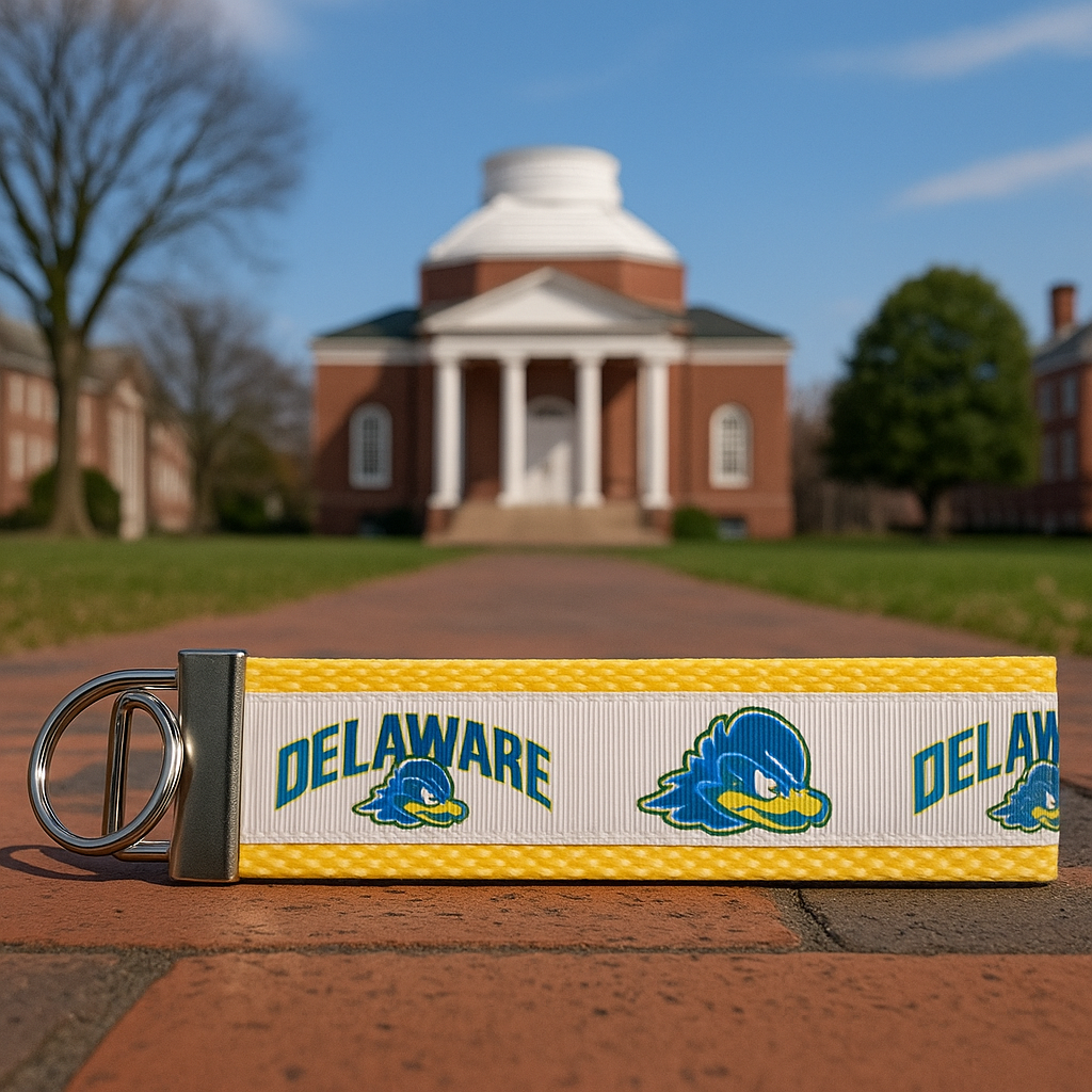 University of Delaware Keychain Wristlet – Blue Hens Campus Spirit Key Fob in Blue & Yellow