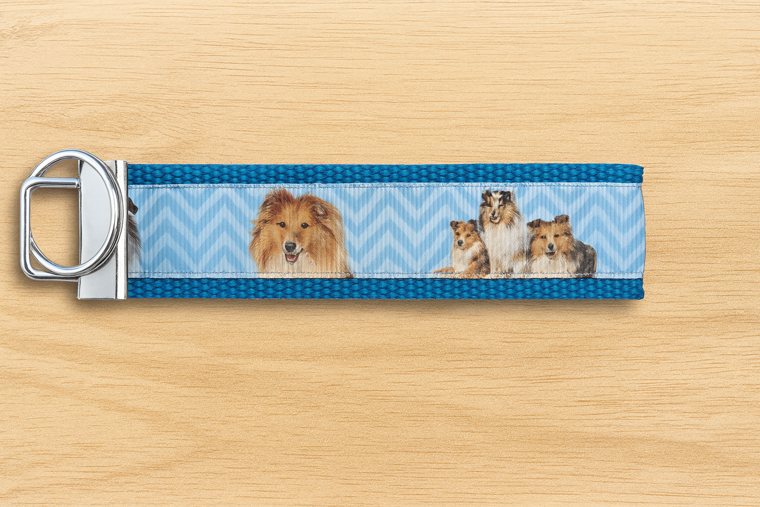 Collie & Sheltie Dog Keychain Wristlet – Handmade Fabric Key Fob with Blue Chevron Design