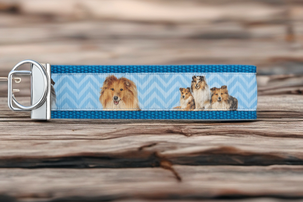 Collie & Sheltie Dog Keychain Wristlet – Handmade Fabric Key Fob with Blue Chevron Design