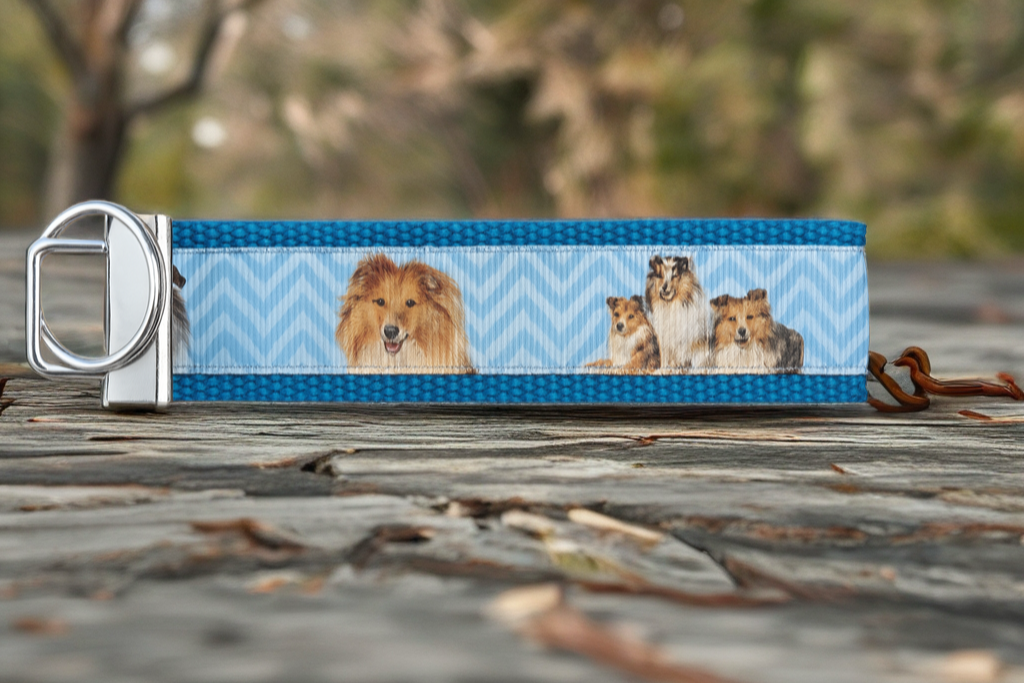 Collie & Sheltie Dog Keychain Wristlet – Handmade Fabric Key Fob with Blue Chevron Design