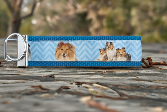 Collie & Sheltie Dog Keychain Wristlet – Handmade Fabric Key Fob with Blue Chevron Design