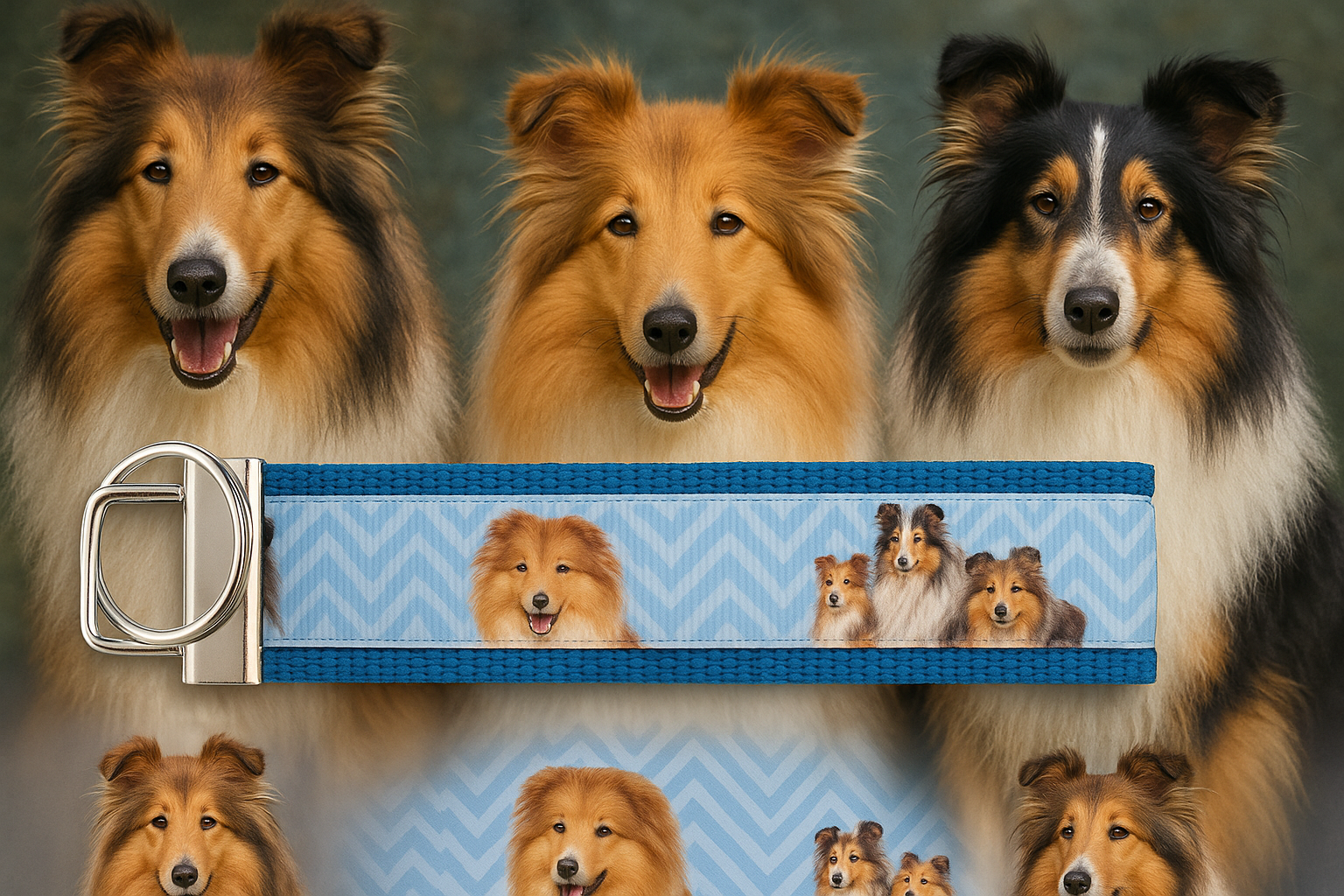 Collie & Sheltie Dog Keychain Wristlet – Handmade Fabric Key Fob with Blue Chevron Design
