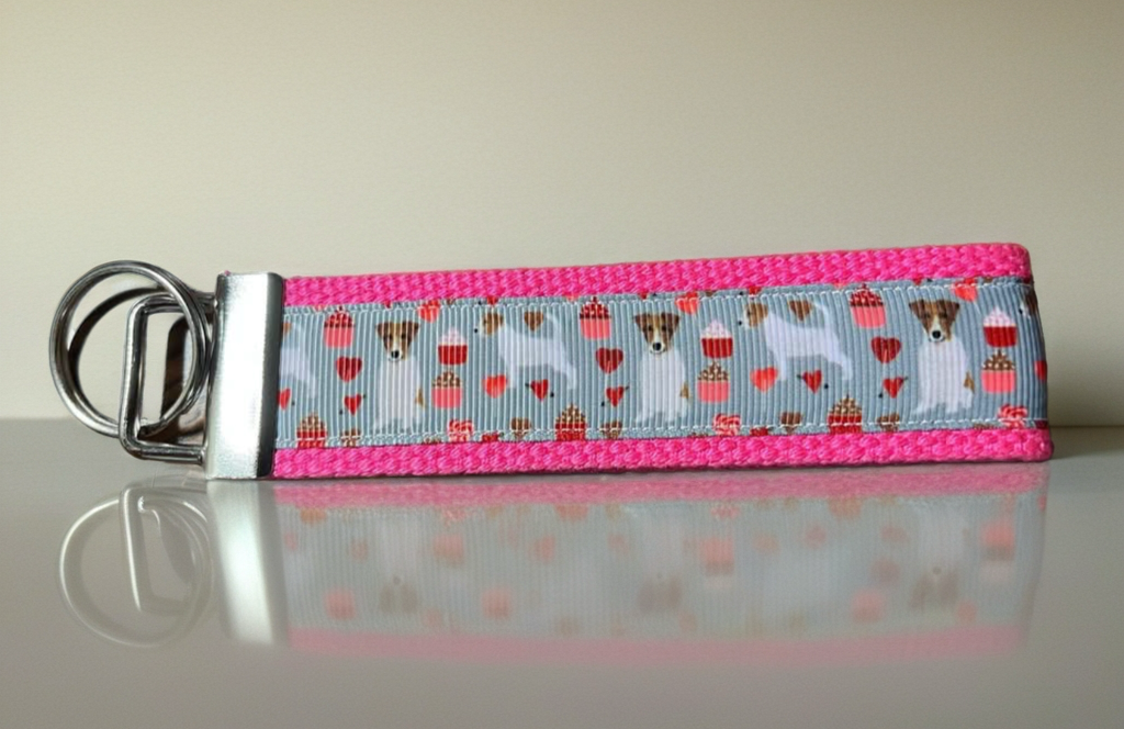 Pink Jack Russell Wristlet Keychain – Cute Handmade Fabric Key Fob with Hearts & Cupcakes