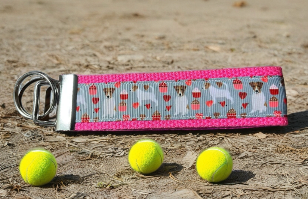 Pink Jack Russell Wristlet Keychain – Cute Handmade Fabric Key Fob with Hearts & Cupcakes