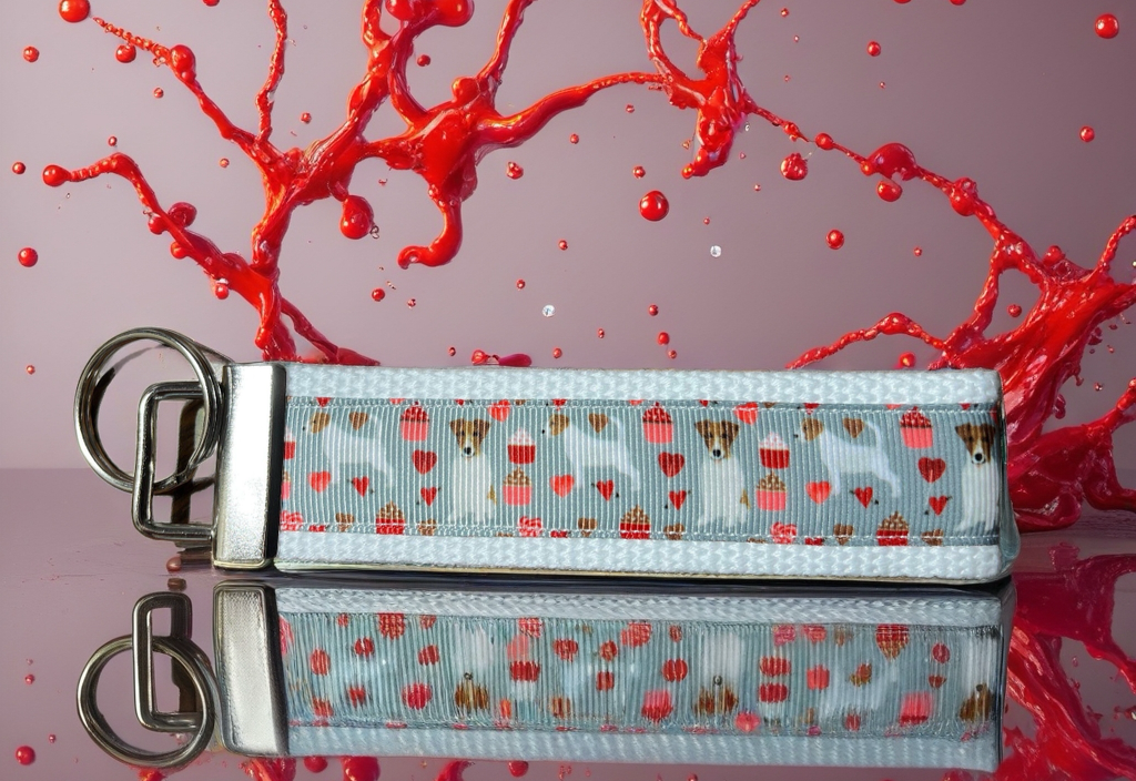 Pink Jack Russell Wristlet Keychain – Cute Handmade Fabric Key Fob with Hearts & Cupcakes