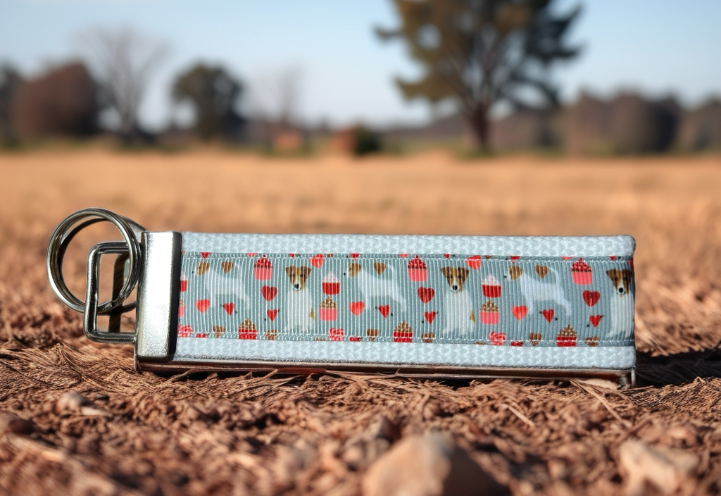Pink Jack Russell Wristlet Keychain – Cute Handmade Fabric Key Fob with Hearts & Cupcakes