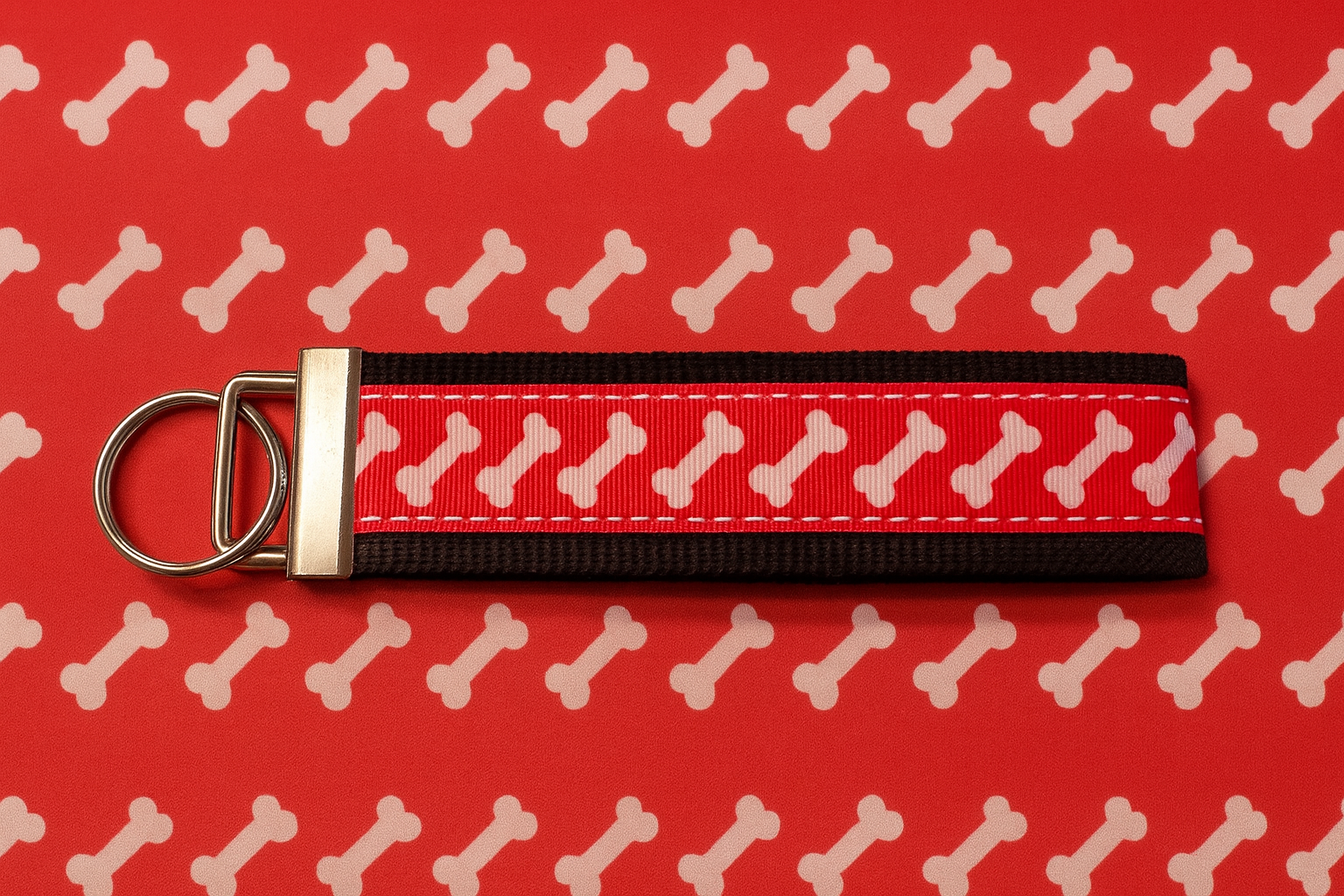 Dog Bone Keychain Wristlet – Handmade Dog Lover Key Fob with Red Ribbon and White Bones