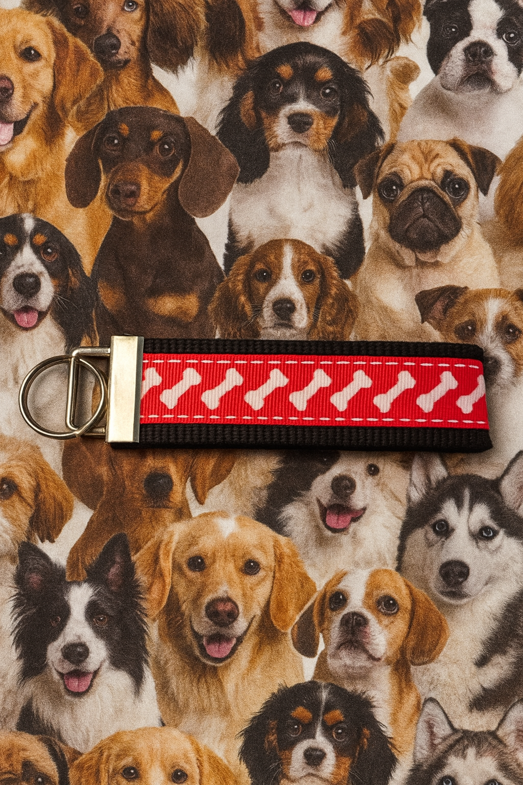 Dog Bone Keychain Wristlet – Handmade Dog Lover Key Fob with Red Ribbon and White Bones
