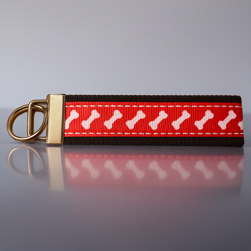Dog Bone Keychain Wristlet – Handmade Dog Lover Key Fob with Red Ribbon and White Bones