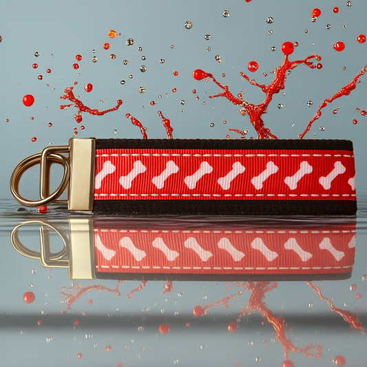 Dog Bone Keychain Wristlet – Handmade Dog Lover Key Fob with Red Ribbon and White Bones