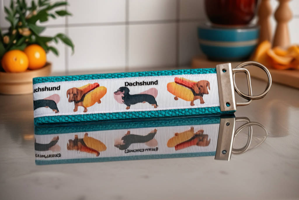 Funny Dachshund Hotdog Keychain – Cute hotdog Dog Wristlet Key Fob