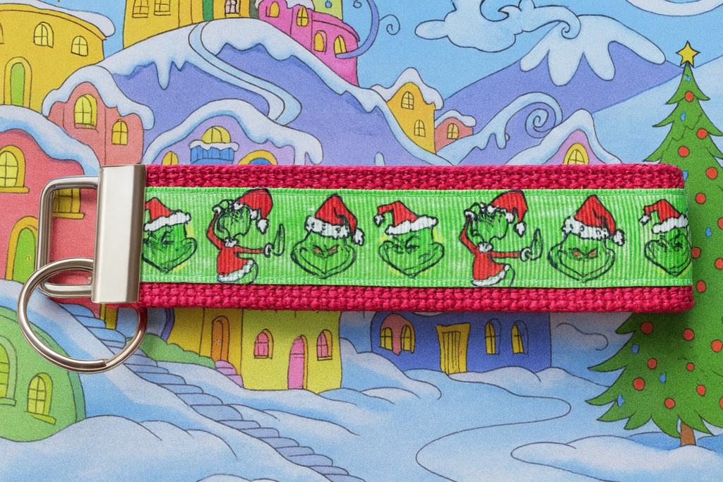 Grinch Keychain Wristlet – Christmas Holiday Key Fob with Santa Hat Design