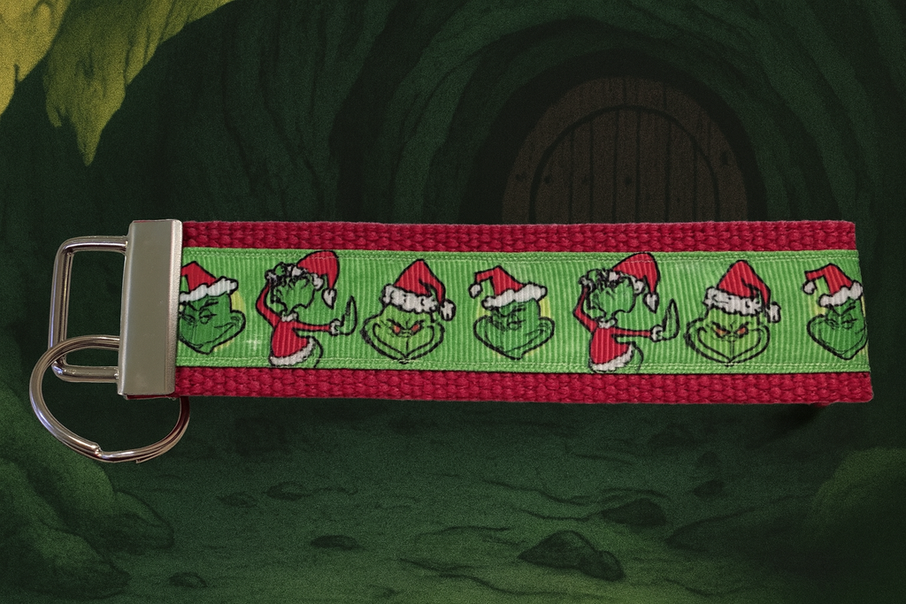 Grinch Keychain Wristlet – Christmas Holiday Key Fob with Santa Hat Design