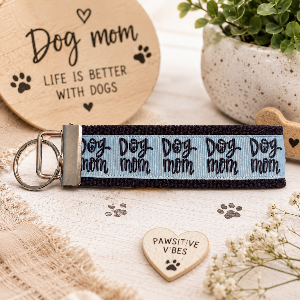 Dog Mom Wristlet Keychain | Embroidered Fabric Key Fob | Gift for Dog Lovers
