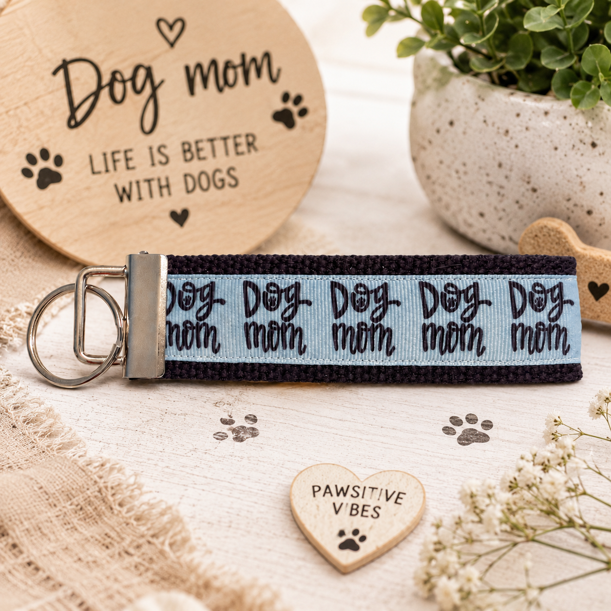 Dog Mom Wristlet Keychain | Embroidered Fabric Key Fob | Gift for Dog Lovers