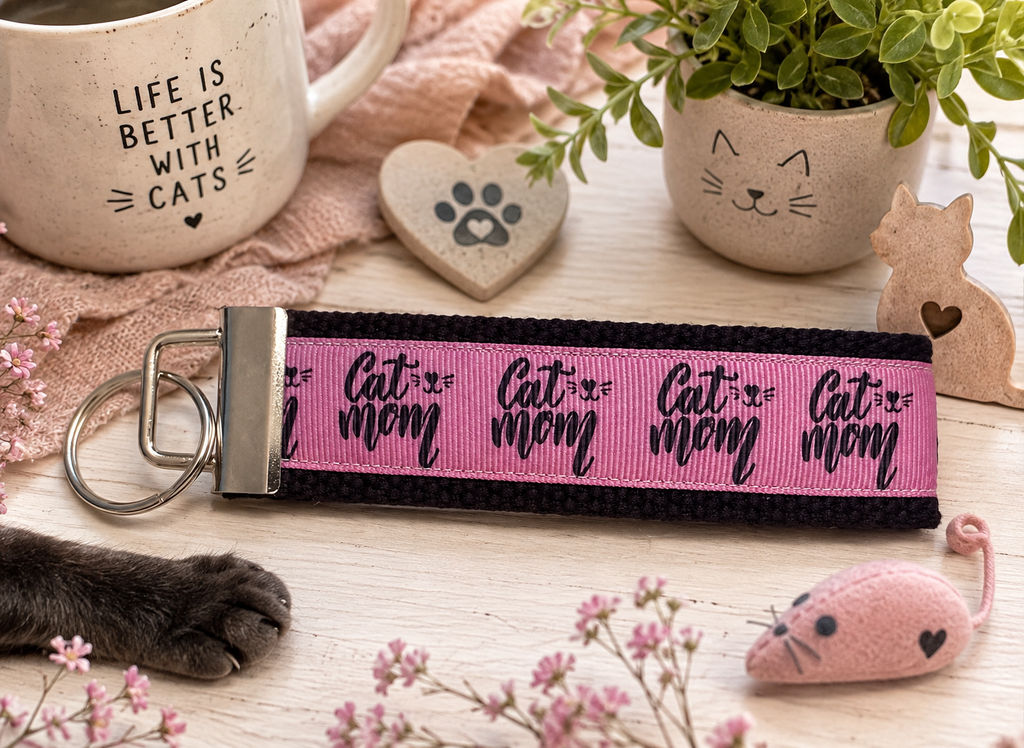 Cat Mom Wristlet Keychain | Fabric Key Fob | Gift for Cat Lovers