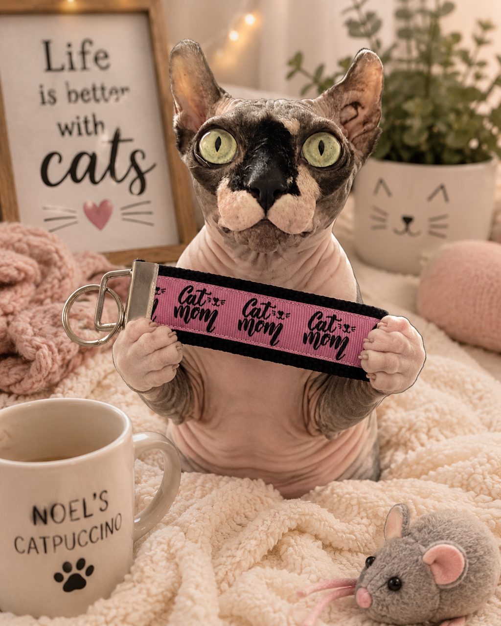 Cat Mom Wristlet Keychain | Fabric Key Fob | Gift for Cat Lovers