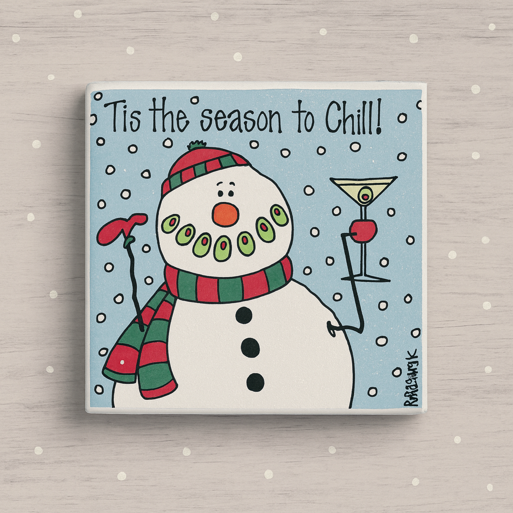 Festive Snowman Holiday Coasters – “‘Tis the Season to Chill” Christmas Drink Coaster Set