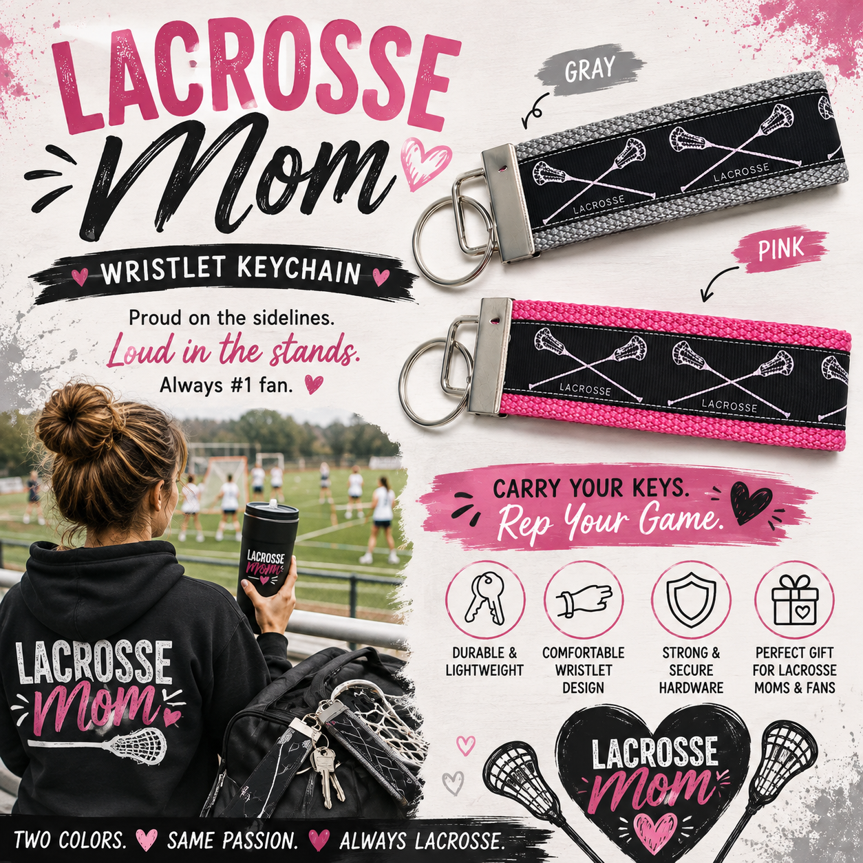 Lacrosse Wristlet Keychain | Field Hockey Style Key Fob | Player, Coach & Team Gift