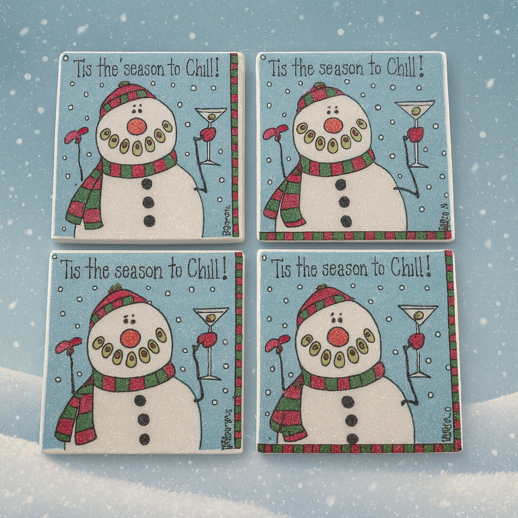 Festive Snowman Holiday Coasters – “‘Tis the Season to Chill” Christmas Drink Coaster Set