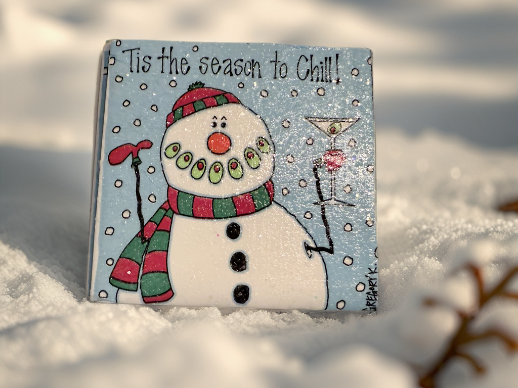 Festive Snowman Holiday Coasters – “‘Tis the Season to Chill” Christmas Drink Coaster Set