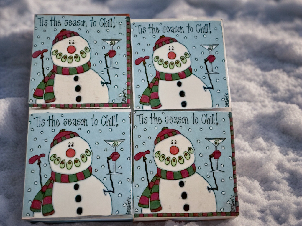 Festive Snowman Holiday Coasters – “‘Tis the Season to Chill” Christmas Drink Coaster Set