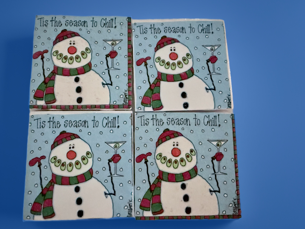 Festive Snowman Holiday Coasters – “‘Tis the Season to Chill” Christmas Drink Coaster Set