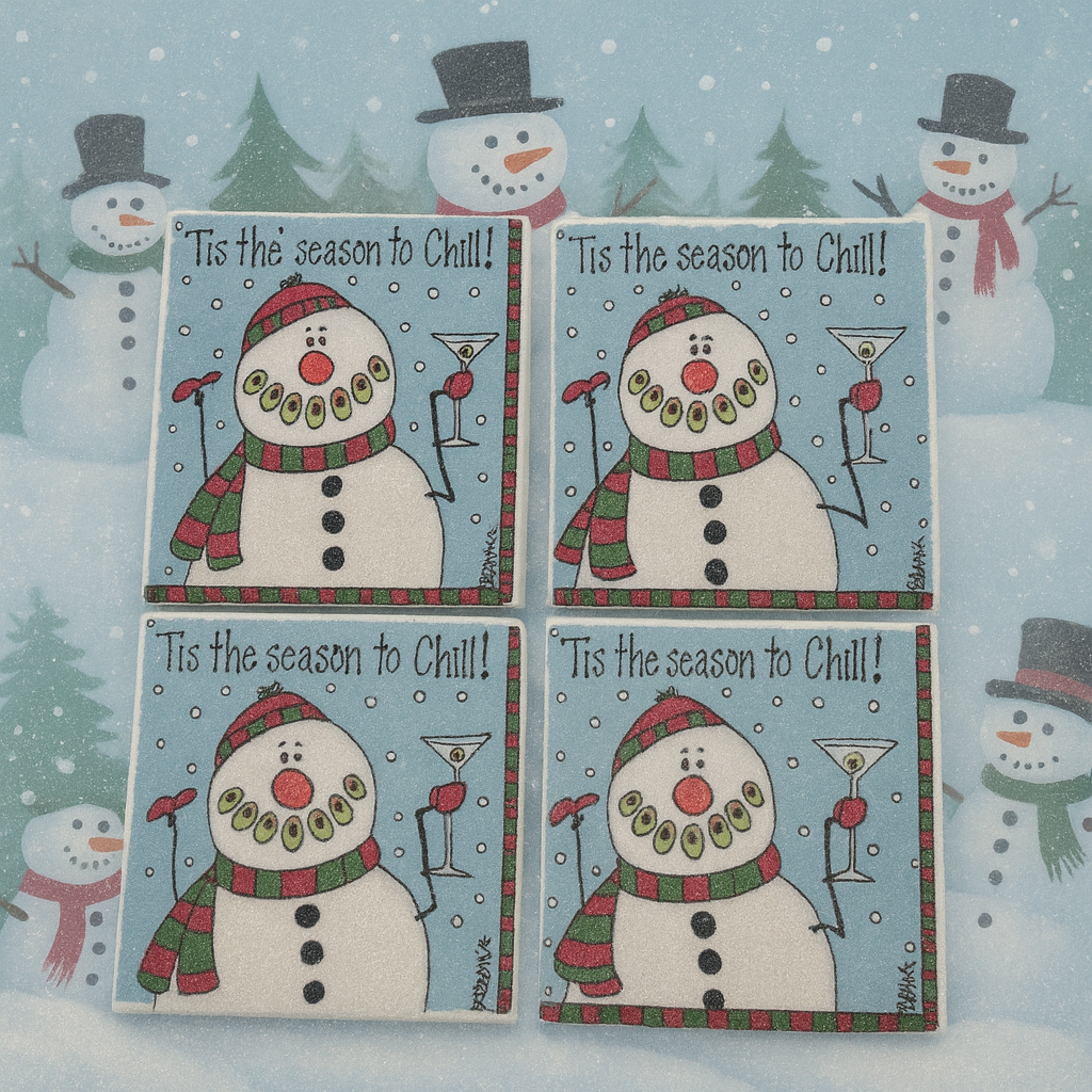 Festive Snowman Holiday Coasters – “‘Tis the Season to Chill” Christmas Drink Coaster Set