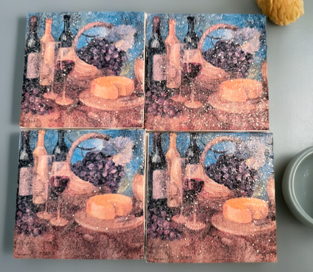 Wine & Cheese Glitter Coaster – Rustic Vineyard Drink Coaster