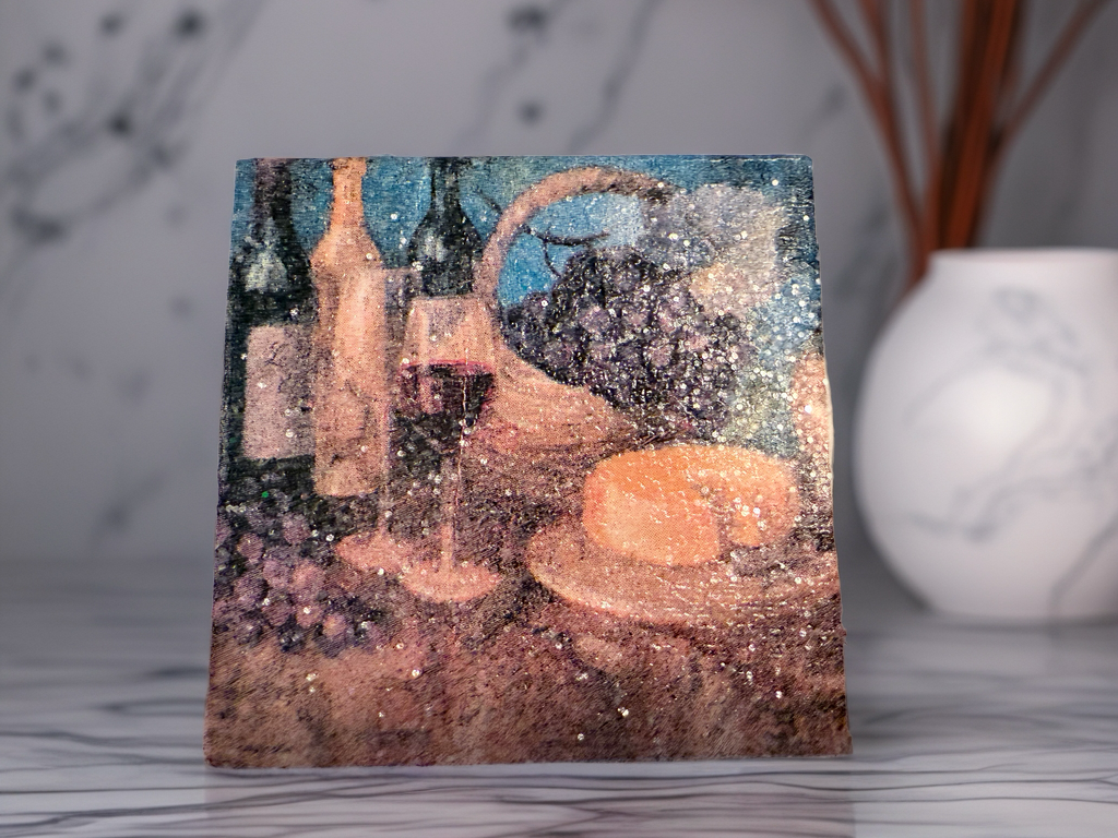 Wine & Cheese Glitter Coaster – Rustic Vineyard Drink Coaster