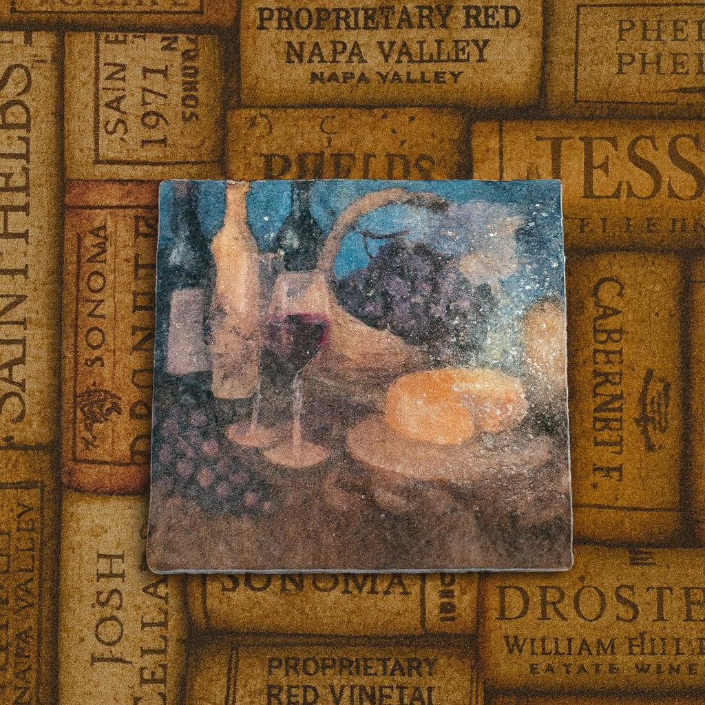 Wine & Cheese Glitter Coaster – Rustic Vineyard Drink Coaster